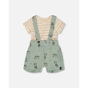 Deux par Deux Boy Printed Muslin Shortall and Organic Cotton Onesie Set Sage Monkey and Off-White - 1 of 4