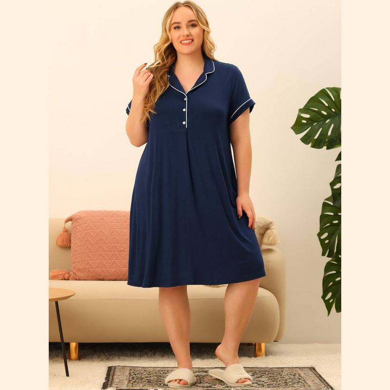 Agnes Orinda Women's Plus Size Short Sleeve Button Down Nightgown, 3 of 7