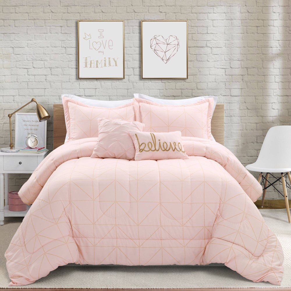 Photos - Bed Linen 5pc Full/Queen Kids' Trio Geo Metallic Print Comforter Set Blush - Lush Dé