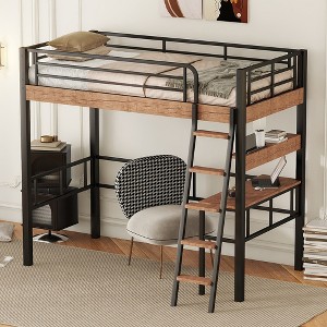Whisen Metal Twin Size Loft Bed with Built-in Desk and Storage Shelf and Ladde - 1 of 4