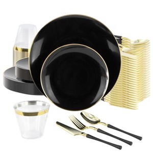 Elama 150 Piece Disposable Plastic Dinnerware Party Set for 25 Guests in Black with Gold Trim - 1 of 4