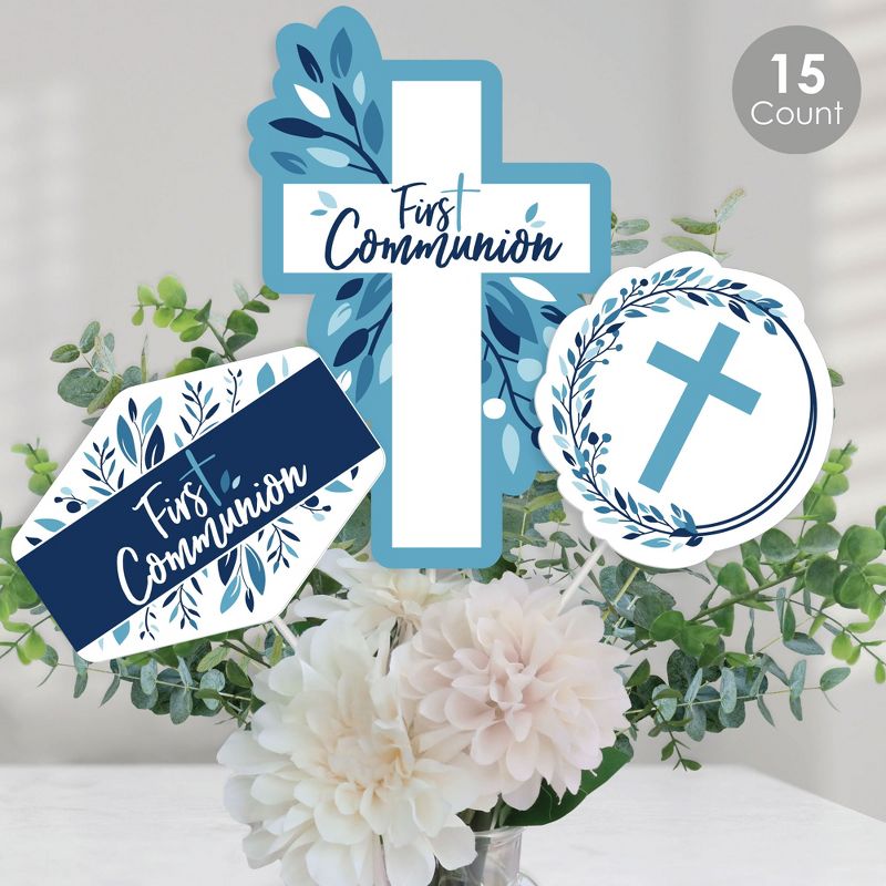 Big Dot of Happiness First Communion Blue Elegant Cross - Boy Religious Party Centerpiece Sticks - Table Toppers - Set of 15, 1 of 8