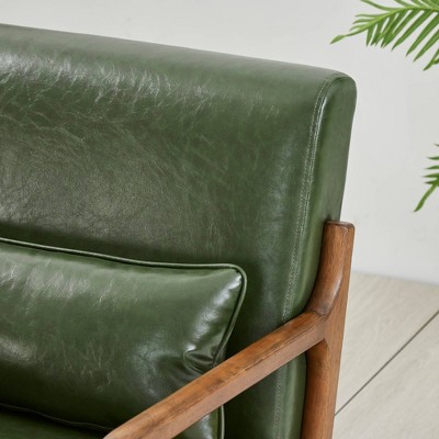 Green Faux Leather Mid-Century Modern Accent Chair with Walnut Wood Frame