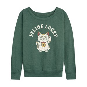 Women's - Instant Message - Feline Lucky Lightweight French Terry Wide Neck Long Sleeve Graphic Shirt - 1 of 4