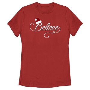 Women's Lost Gods Santa Hat Believe T-Shirt - 1 of 4