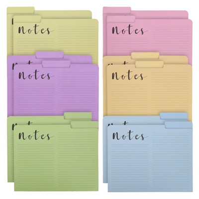 Paper Junkie 12 Pack Lined File Folders, Pastel Colors, Heavyweight Decorative Ruled File Folders with Notes, 1/3 Cut Tab, Letter Size, 6 Colors
