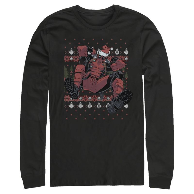 Men's Marvel Deadpool Santa Hat Ugly Sweater Holiday Long Sleeve Shirt, 1 of 4
