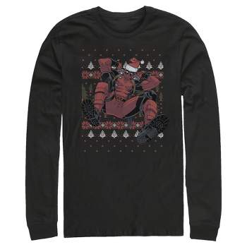 Men's Marvel Deadpool Santa Hat Ugly Sweater Holiday Long Sleeve Shirt