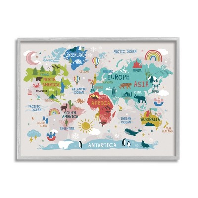 Stupell Industries Landmarks & Wildlife Illustration World Map Diagram Chart Black Framed Giclee Art