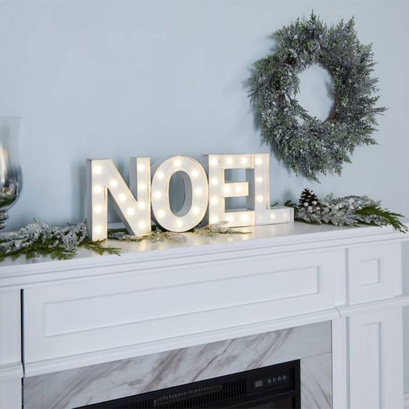 Noma 24 Inch Pre-Lit Frosted Fir Artificial Wreath & 9 Foot Snow Dusted Berry Garland Holiday Mantle Decor with Warm White LED Lights, Green, 5 of 7