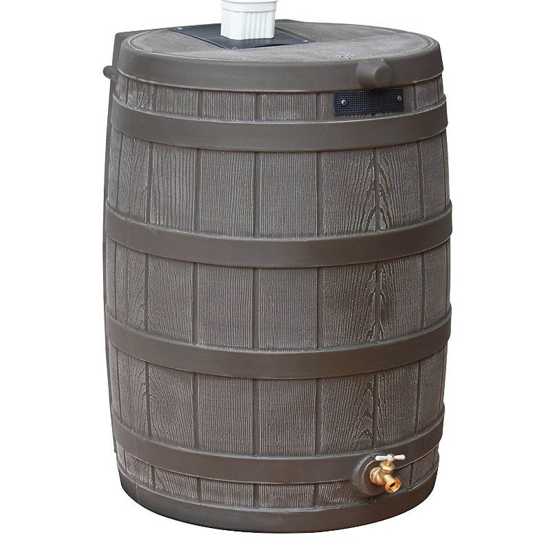 Good Ideas Rain Wizard 50 Gallon Plastic Outdoor Home Rain Barrel Water Storage Collector with Brass Spigot and Flat Back Design, Oak (5 Pack), 2 of 7