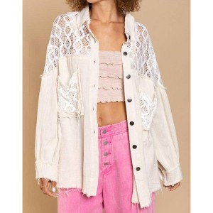 Women's Oversized Lace Accent Button Down Shirt - POL - 1 of 4