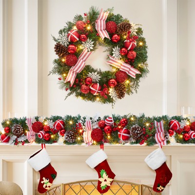 Pre-Lit 24 in Christmas Wreath with Red Berries, Pine Cones, Ball Ornaments and 20 Led Lights and Timer, Xmas Wreath for Holiday Decor
