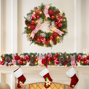 Pre-Lit 24 in Christmas Wreath with Red Berries, Pine Cones, Ball Ornaments and 20 Led Lights and Timer, Xmas Wreath for Holiday Decor - 1 of 4