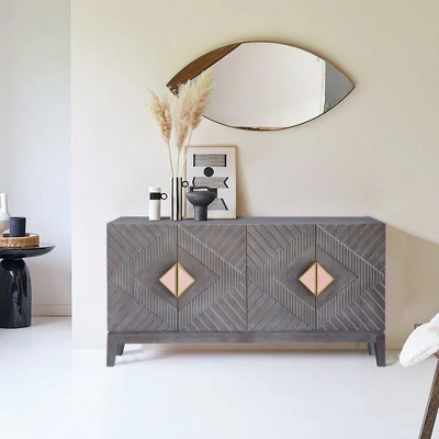 Royal Hampton Abiel 55 Inch Mango Wood Sideboard Buffet Cabinet Console, 4 Doors, Inner Shelf, Ornate Diamond Carving