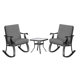 Four Seasons Courtyard Gramercy 3 Piece Cushioned Rocking Chairs Outdoor Backyard Patio Furniture Bistro Set with Square Side Table, Charcoal Gray - 1 of 4