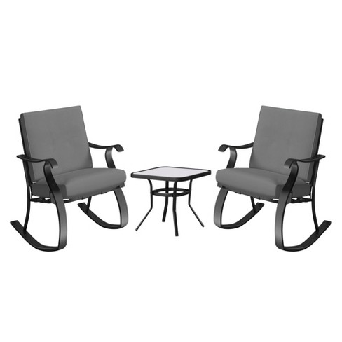 Four Seasons Courtyard Gramercy 3 Piece Cushioned Rocking Chairs Outdoor Backyard Patio Furniture Bistro Set with Square Side Table, Charcoal Gray - image 1 of 4