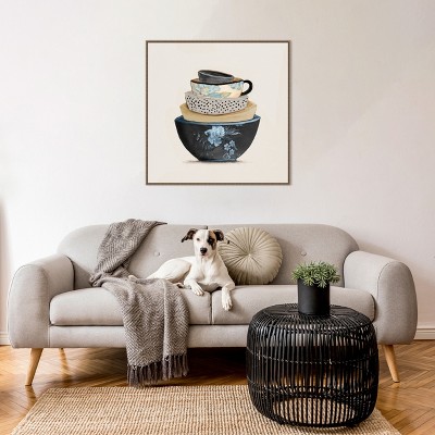 Stacked Blue and Beige Bowls Framed Canvas Wall Art