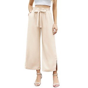 Womens Shirred Paperbag-Waist Pants High Waisted Pants with Pockets Side Slit Wide Leg Pants Waist Tie Knot Palazzo Trousers - 1 of 4