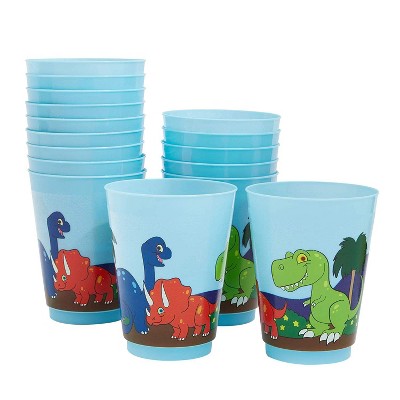 Blue Panda 16 Packs Plastic 16 oz Party Cups, Dinosaur Reusable Tumblers for Kids Boys Birthday, Blue
