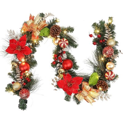 TackView 6 Ft Christmas Garland, Pre-Lit Xmas Garland With 20 Lights, Xmas Garland for Mantel Table Porch, Red Gold