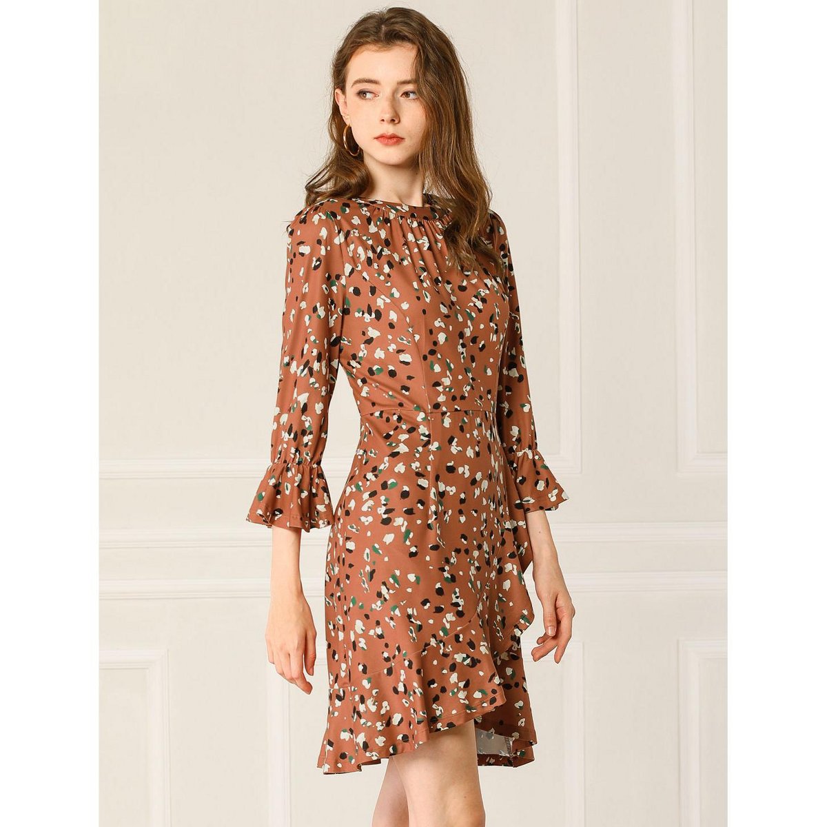 Женские платья INSPIRE CHIC Women's Round Neck 3/4 Bell Sleeves Ruffle Hem Leopard Dress Medium Brown — фото 2