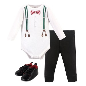 Little Treasure Baby Boy Cotton Bodysuit, Pant and Shoe 3pc Set, Green Suspenders - 1 of 1