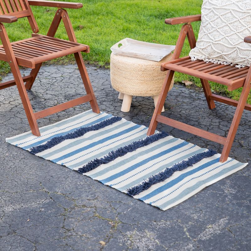 Northlight 3.5' x 2.25' Blue, Cream and Black Striped Handloom Woven Outdoor Accent Throw Rug, 3 of 8