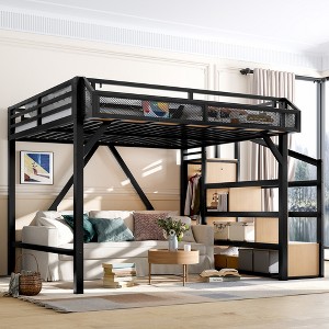 JANSNO Metal Loft Bed with Storage Stairs, Shelves & Built-in Wardrobe, USB Ports, Lights, Noise-Reduced Design - 1 of 4