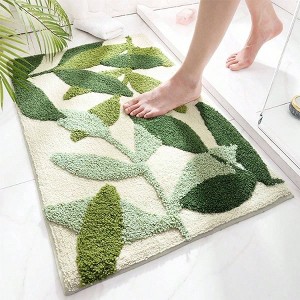 Green Leaf Bathroom Rug, Non - Slip Plush Shaggy Mat, Machine Washable, Absorbent Doormat 30x20. - 1 of 4