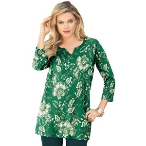 Roaman's Plus Size Three-Quarter Sleeve Notch Neck Soft Knit Tunic - 1 of 4