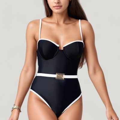 Anna-Kaci Swim Women's One-Piece Swimsuit with Contrast Trim Underwire Cups and Decorative Belt Detail