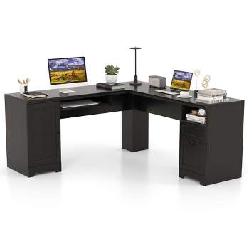 Costway L-Shaped Corner Computer Desk Writing Table Study Workstation w/ Drawers Storage Black