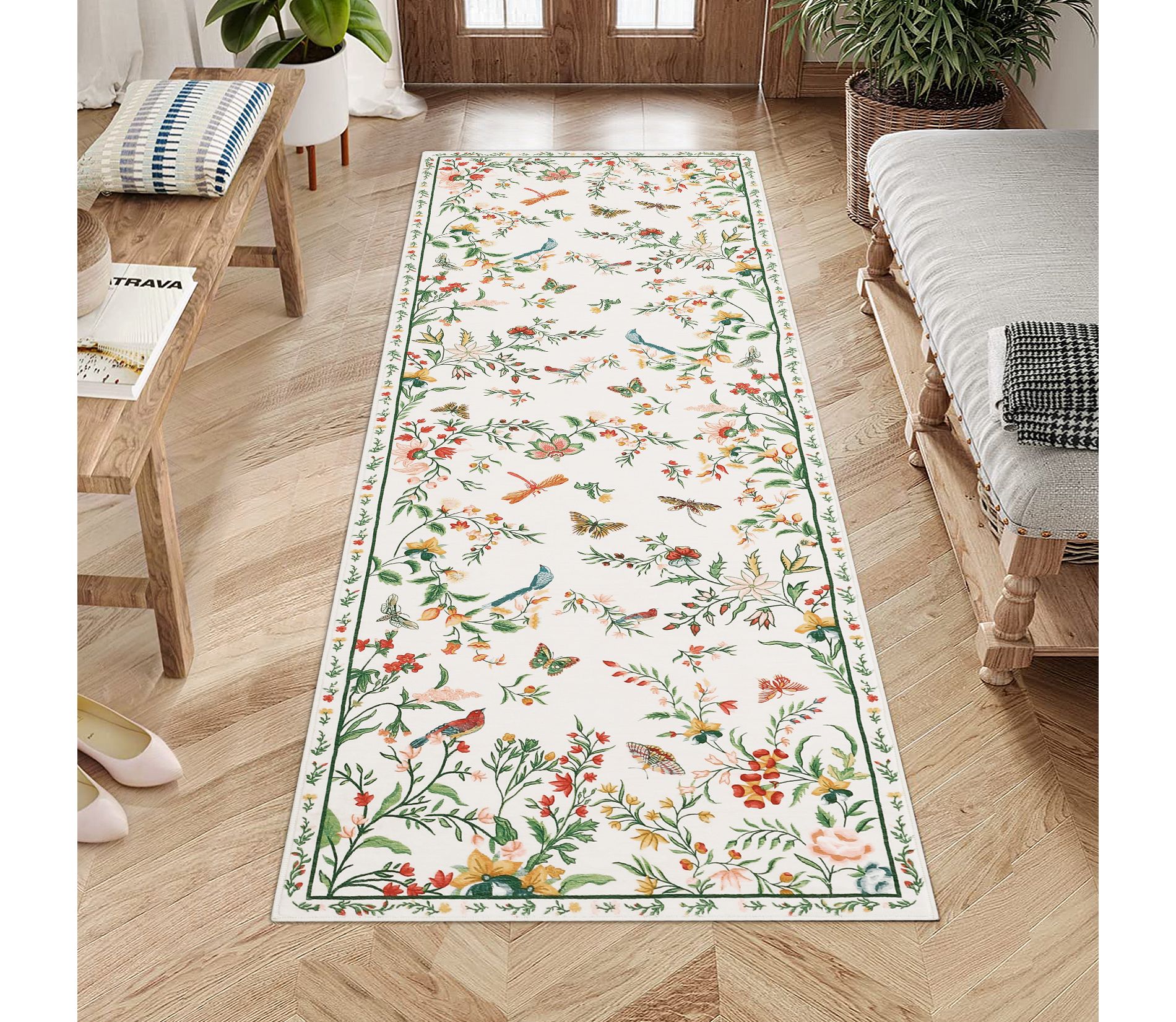 Botanical Birds Area Rug Washable Non Slip Soft Vintage Indoor Floor Carpet Whimsical Floral Butterfly Accent Rug for Living Room