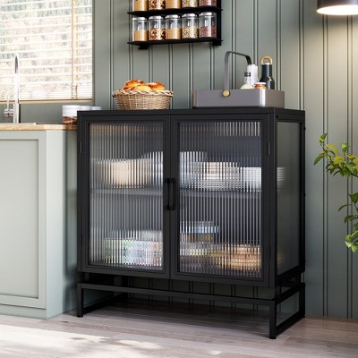 Whizmax Cabinet with Glass Doors Glass Accent Storage Cabinet with Featuring Two-Tier Storage for Entryway Living Room Bathroom Dining Room Black