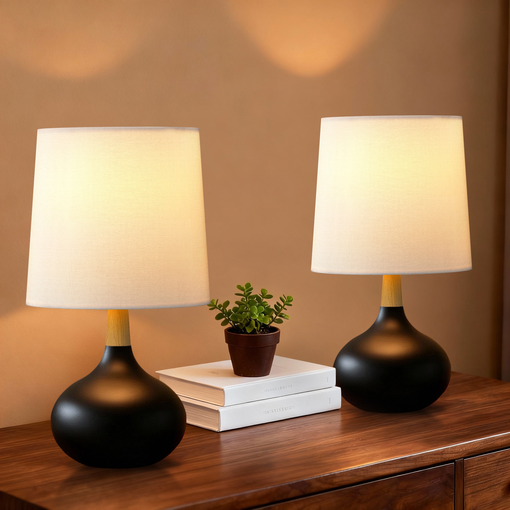 Maxax 14" Black Ceramic Table Lamps Set of 2, Modern Gourd-Shaped Bedside Lamps with Wood Accents for Bedroom/Living Room/Office