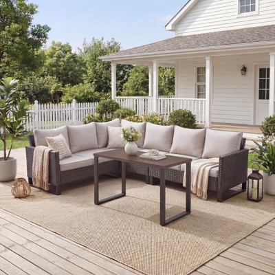 Buenhomino Patio Furniture Set 4 Piece, Wicker Rattan Sofa Couch with Thick Cushion and Coffee Table, L Shape All Weather Outdoor Conversation Set