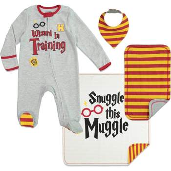 Harry Potter Baby Zip Up Sleep N' Play Coverall Headband Burp Cloth and Blanket 4 Piece Outfit Set Newborn 