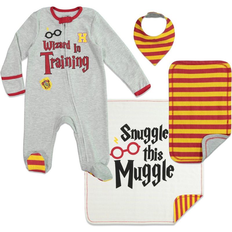 Harry Potter Baby Zip Up Sleep N' Play Coverall Headband Burp Cloth and Blanket 4 Piece Outfit Set Newborn , 1 of 9