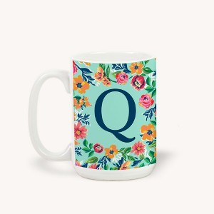 Personalization Mall Flowery Initial Coffee Mug, 15 Oz., Blue Aqua - 1 of 1