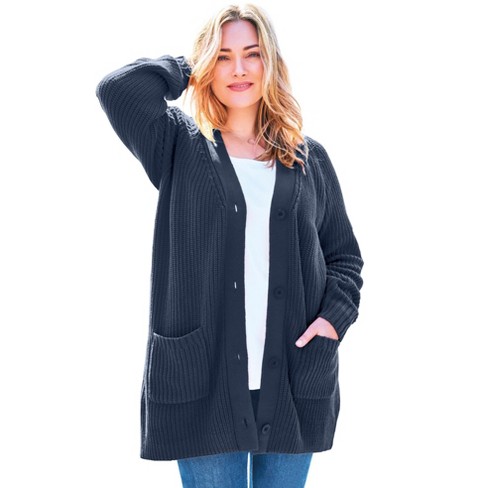 Woman Within Women s Plus Size Button front Shaker Cardigan 6x Navy Target