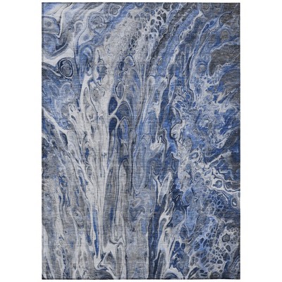 Denim Blue And Navy Blue Abstract Washable Indoor Outdoor Area Rug