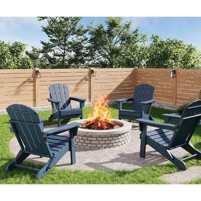 Acekool Folding Adirondack Chairs Set of 4, HDPE Plastic Outdoor Chair Wood Texture, 380lbs, Patio/Deck/Backyard