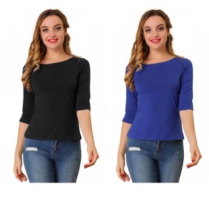 Allegra K Women's Classic Solid Elbow Sleeves Round Neck Slim Fit T-Shirts 2 Packs - 1 of 4