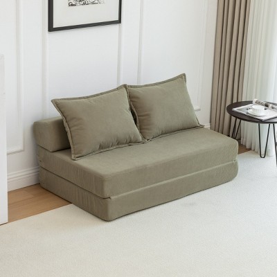 Foldable Corduroy Sofa Bed Sleeper Chair with Pillow,Convertible Twin Floor Mattress Couch with Backrest for Small Spaces-Cuddlewood