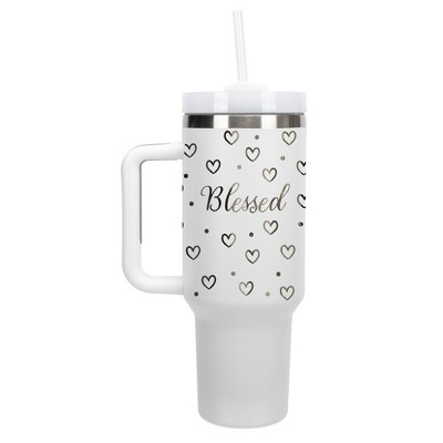 Elanze Designs Blessed Hearts Polka Dots 40 oz. Stainless Steel, Large Water Bottle Coffee Mug, Spill & Leak Resistant, Thermal Travel Tumbler with