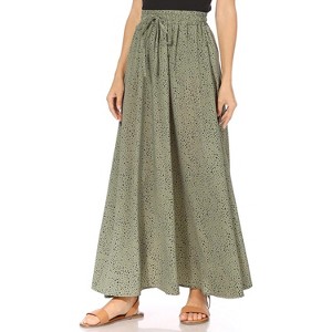 Women's 2023 Maxi Skirt - Flowy A-Line Summer Skirt with Elastic High Waist (Reg & Plus Size) Green Black Dots - 1 of 4