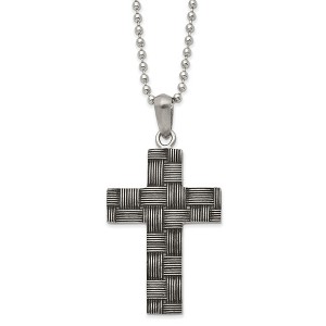 Black Bow Jewelry Men's Stainless Steel Antiqued Basket Weave Cross Necklace, 22 Inch - 1 of 4