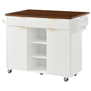 Whisen 52" Fluted Kitchen Island, Rolling Island Table, Kitchen Storage Cart with Drop Leaf, Adjustable Shelves - 1 of 4