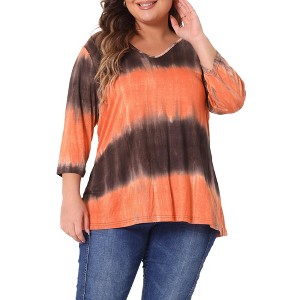 Agnes Orinda Women's Plus Size Tie Dye 3/4 Sleeve Side Slit V Neck Trendy Spring Tops - 1 of 4
